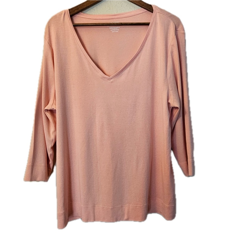 Chico's Shirt Womens XL Peach Tunic V-Neck 3/4 Sleeve 100% Cotton Jersey Relaxed
